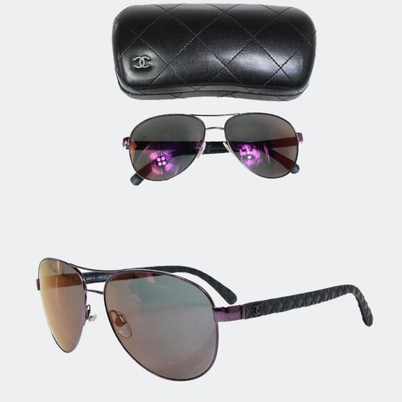 CHANEL CC Matelasse Sunglasses Eye Wear Metal Leather BK Purple - Picture 1 of 14